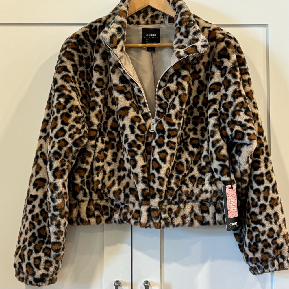 Ci Sono Faux Fur Leopard Crop Jacket